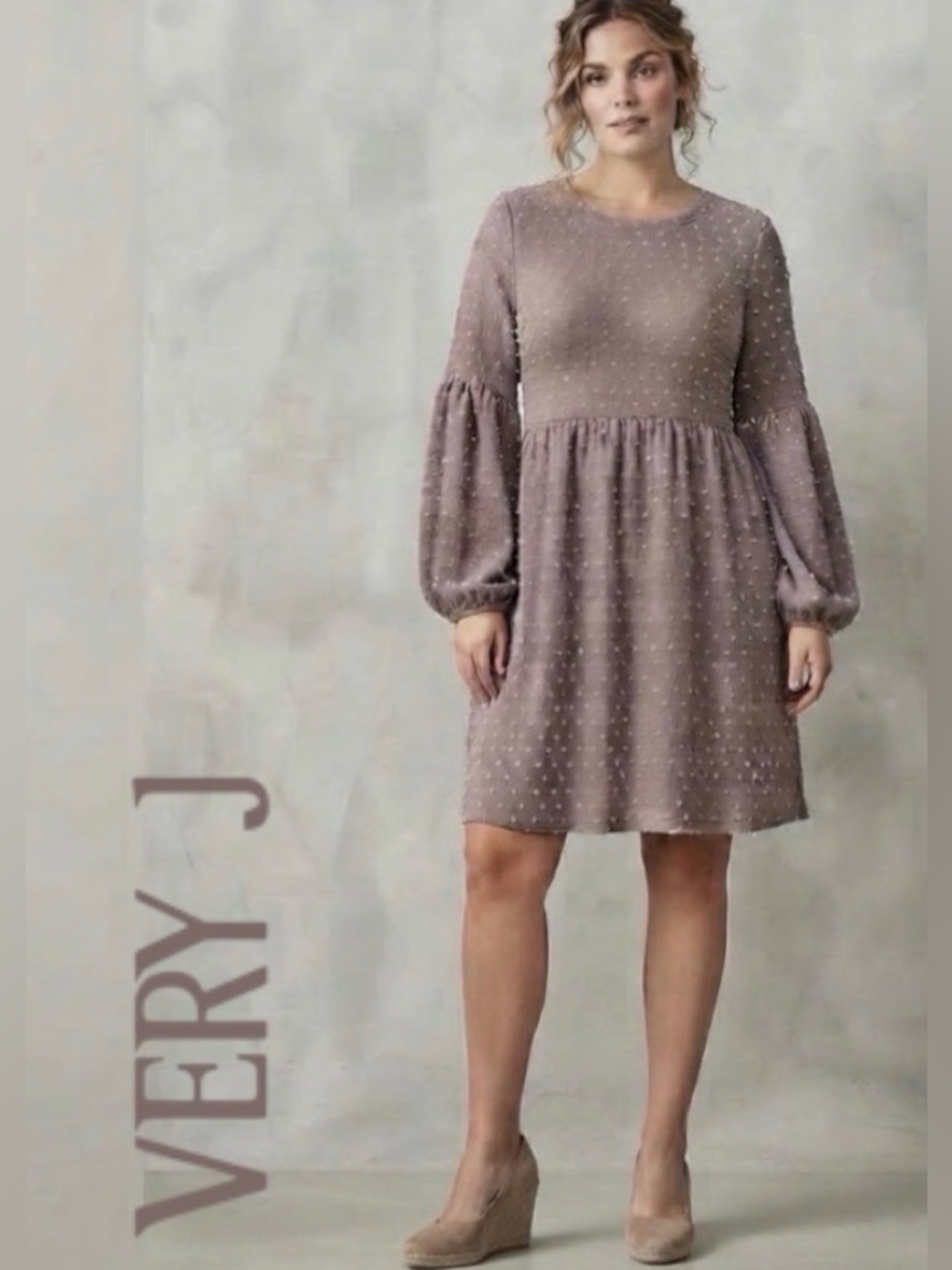 1X Very J Long Sleeve Mauve-Pink Sweater Dress with Swiss Dot Fabric